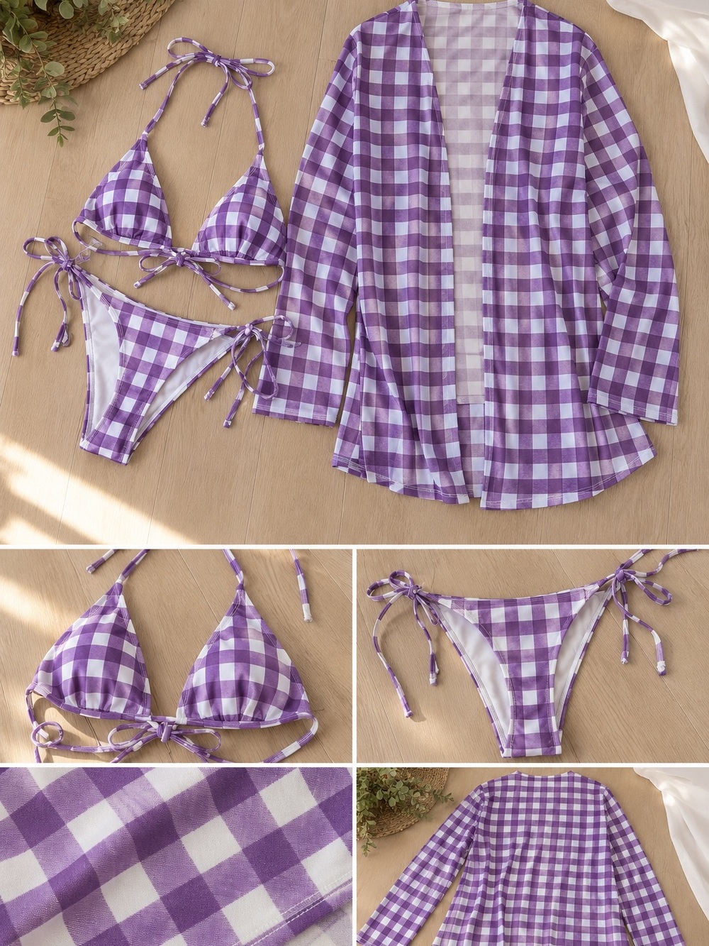SHEIN Purple & White Gingham Triangle Bikini Set with Matching Cover-Up